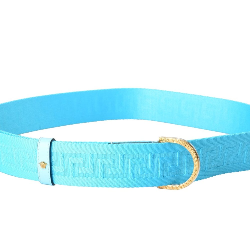 Versace Light Blue Leather Trimmed Buckle Decorated Adjustable Belt One Size